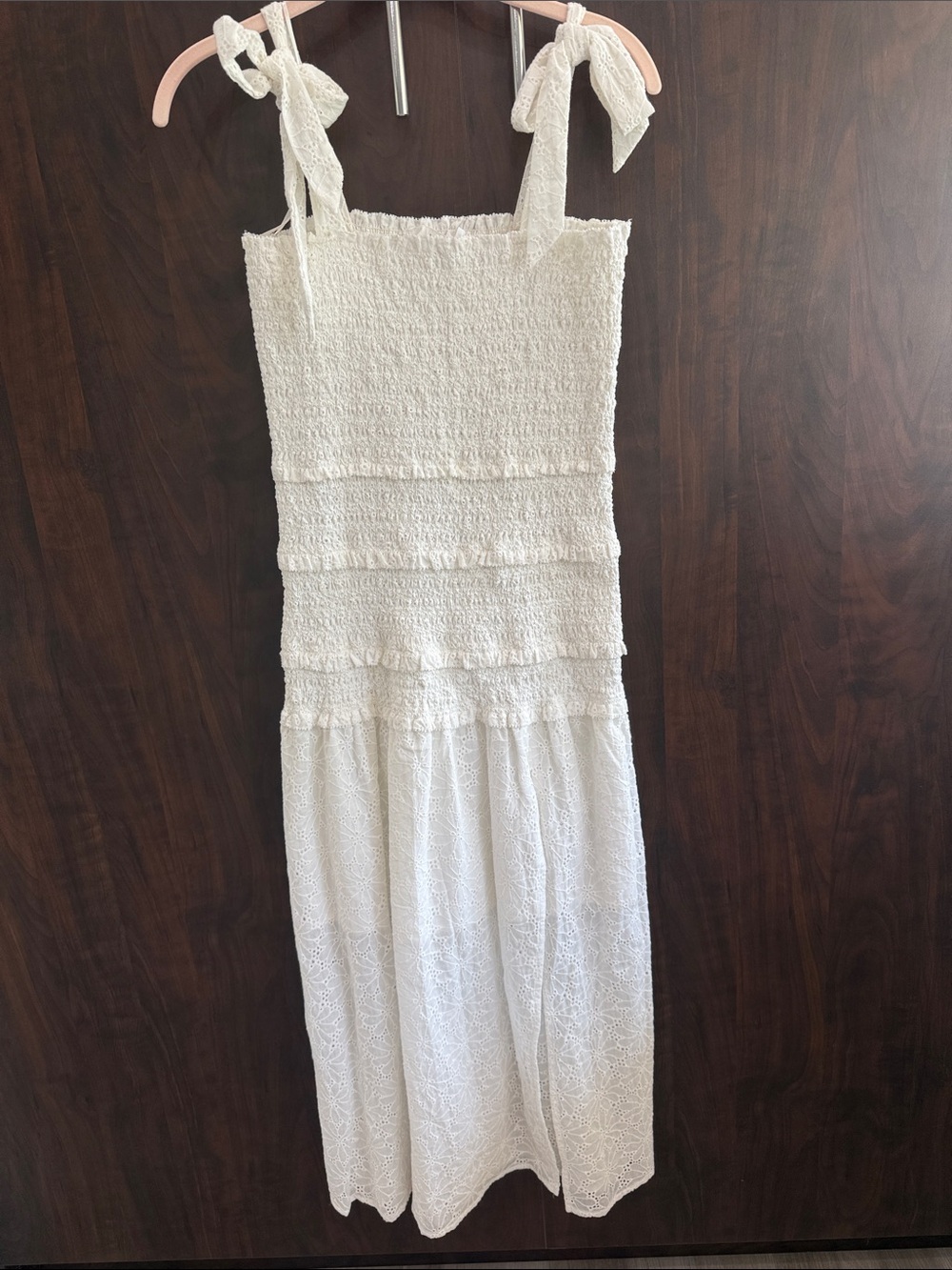 Astr Lace-Trim White Smocked Midi Dress with Tie Straps